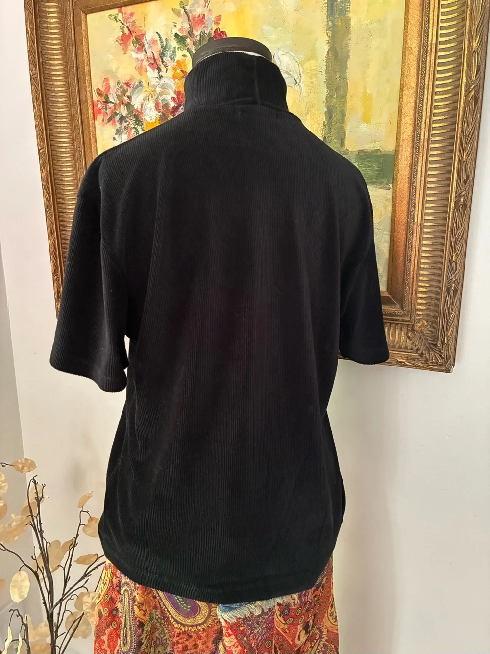 Vintage Boho Black Corduroy Turtleneck Short Sleeved Top Sweater Size XL